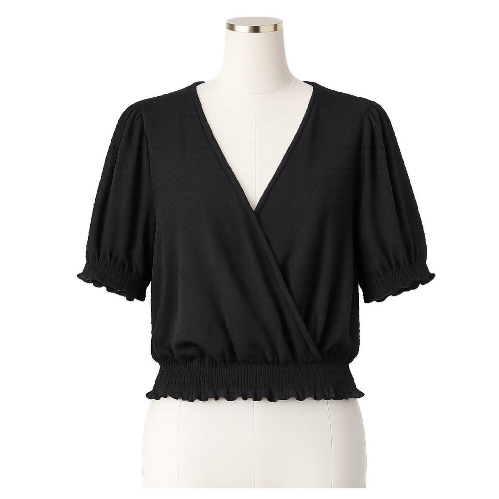 Madewell Texture & Thread Clipdot Smocked Crossover Top – Black – Size S